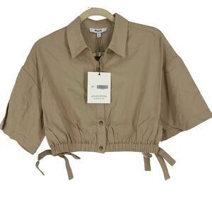 Billie the Label Imogene Crop Top Linen Blend Khaki Medium Collar Button Tencel